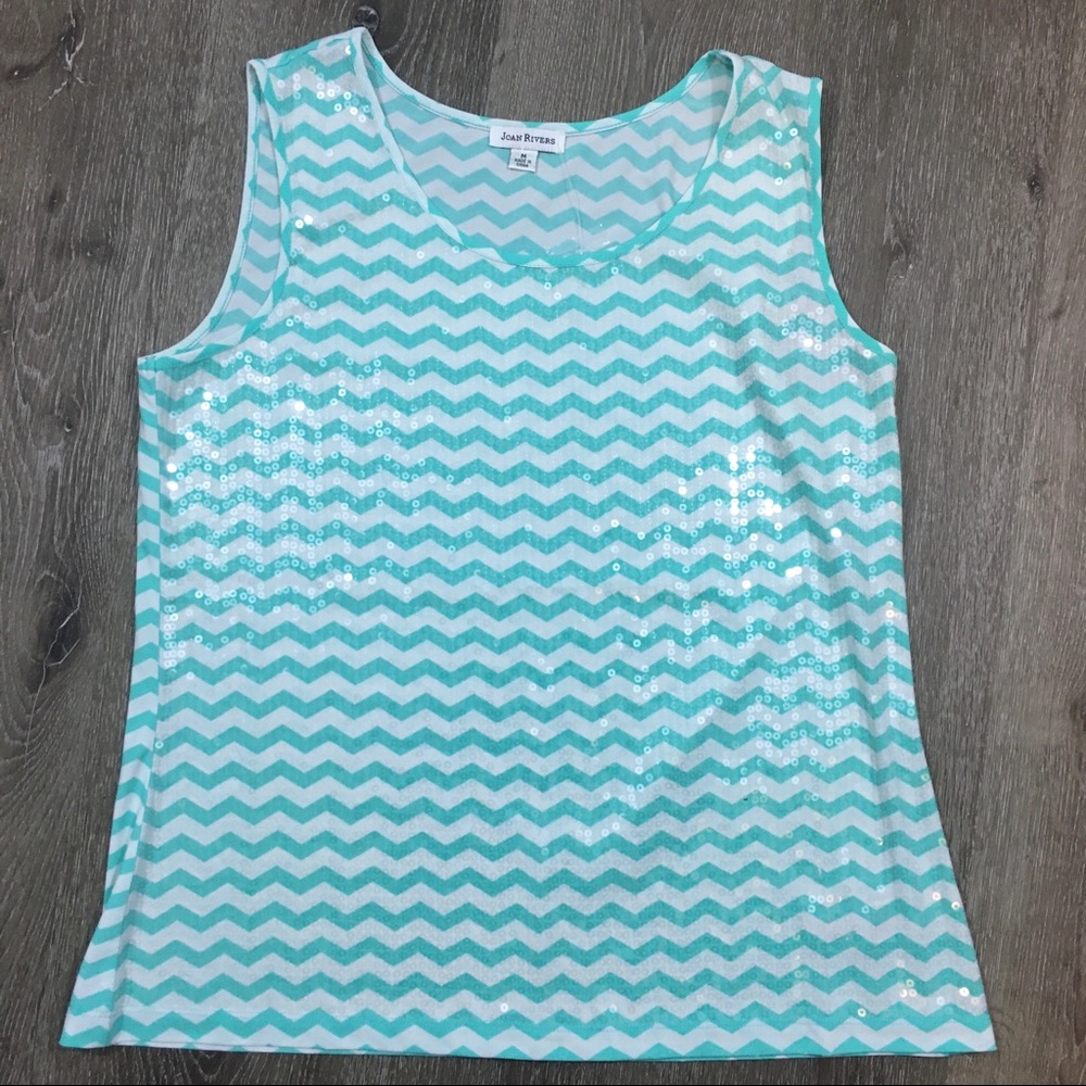 Joan Rivers aqua & white chevron sequined tank